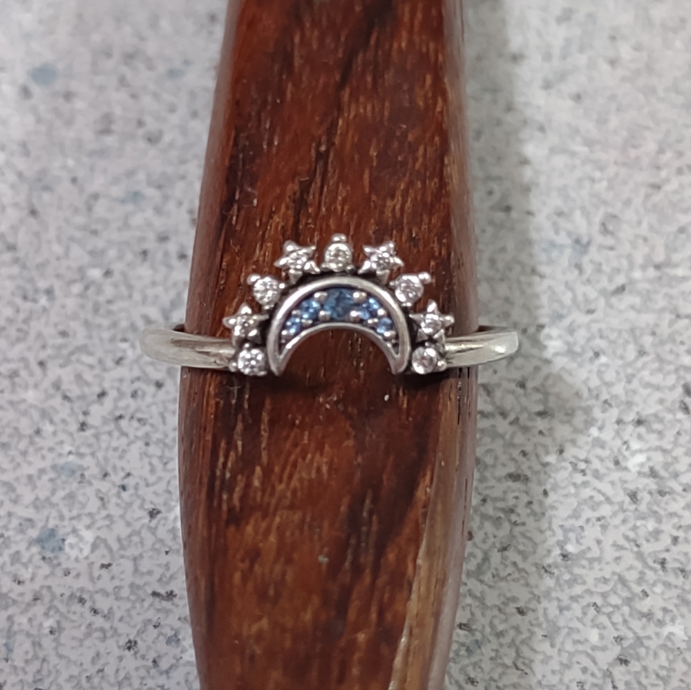 Pandora Silver Ring with Blue CZ Crescent and Clear Stones